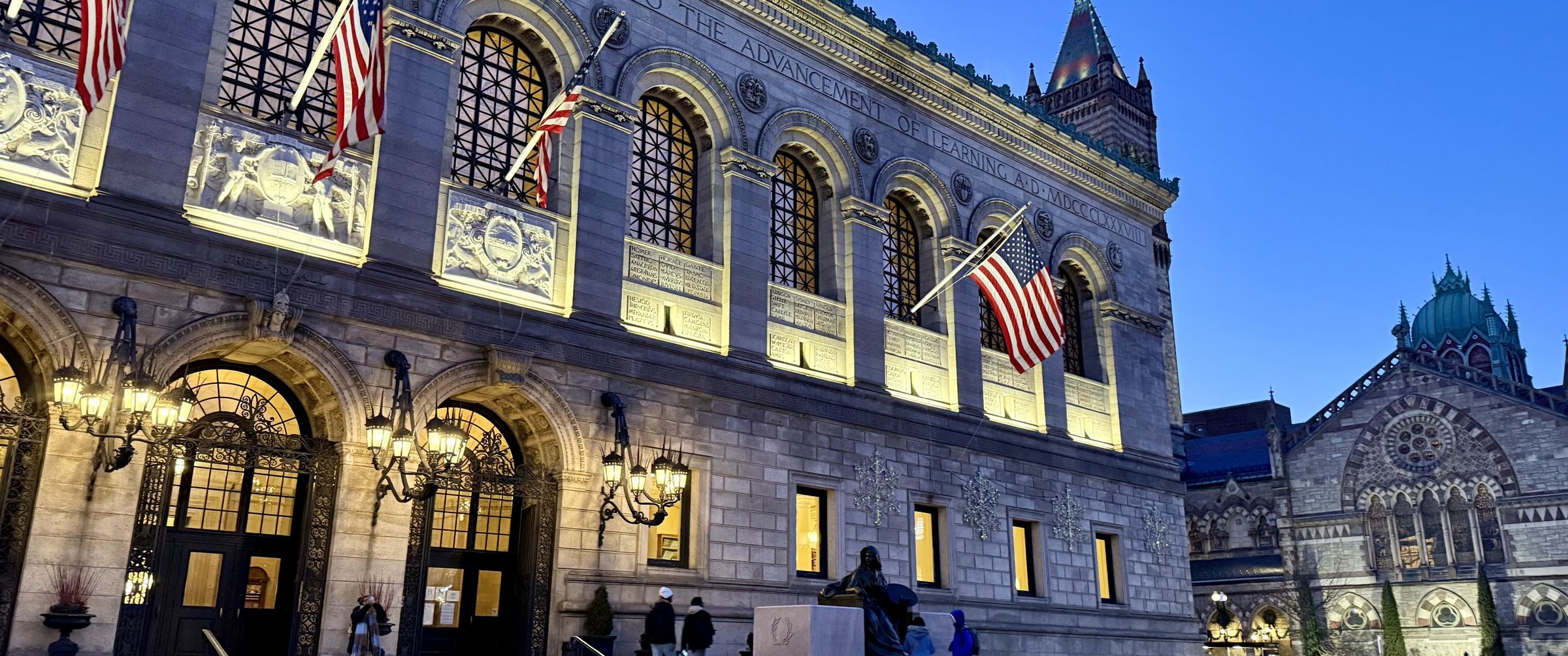 The Boston Public Library at dusk, Copley Square